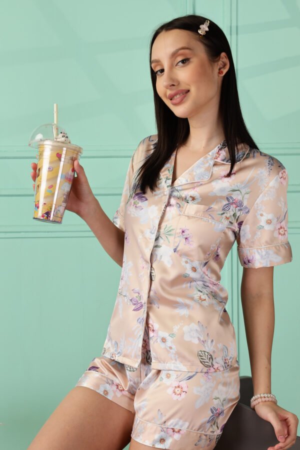 Premium Soft Satin Golden Floral Women's Pajama Set