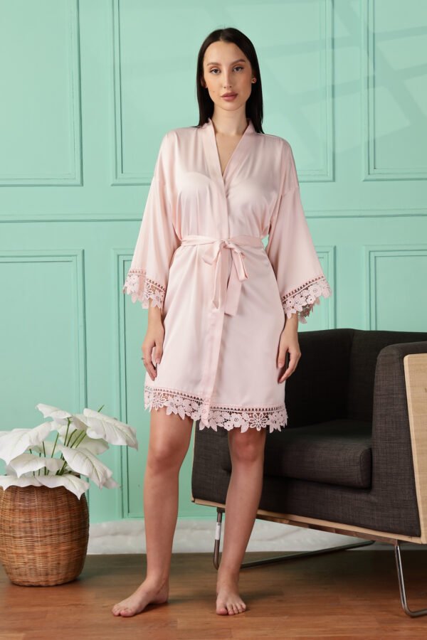 Satin Kimono Robe with Lace Trim for Women