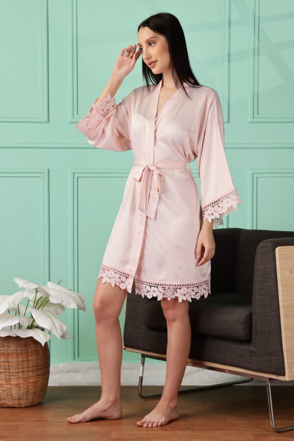 Satin Kimono Robe with Lace Trim for Women