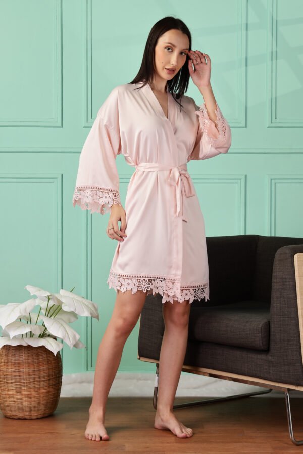Satin Kimono Robe with Lace Trim for Women