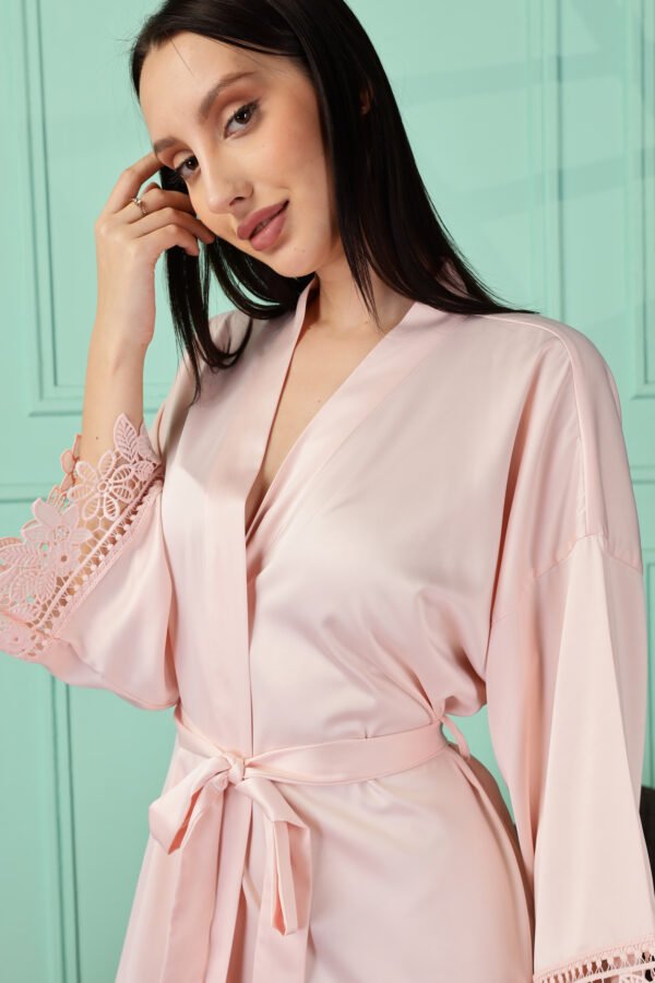 Satin Kimono Robe with Lace Trim for Women