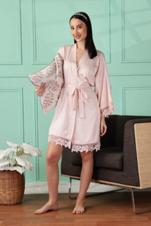 Satin Kimono Robe with Lace Trim for Women