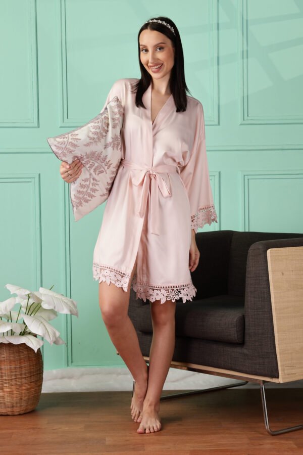 Satin Kimono Robe with Lace Trim for Women