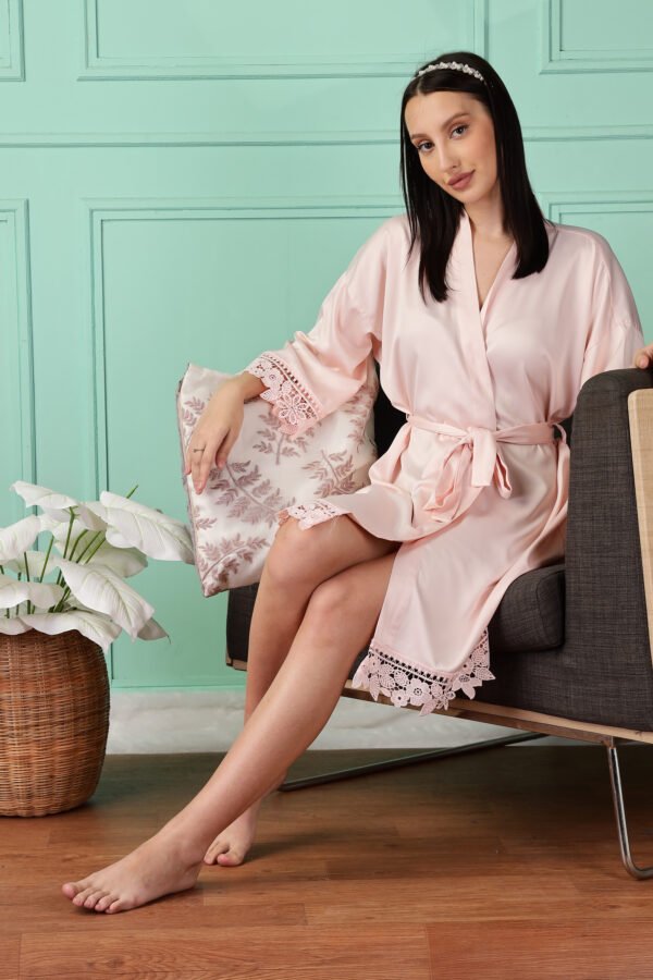 Satin Kimono Robe with Lace Trim for Women