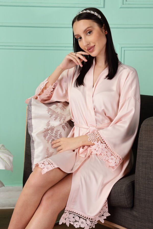 Satin Kimono Robe with Lace Trim for Women